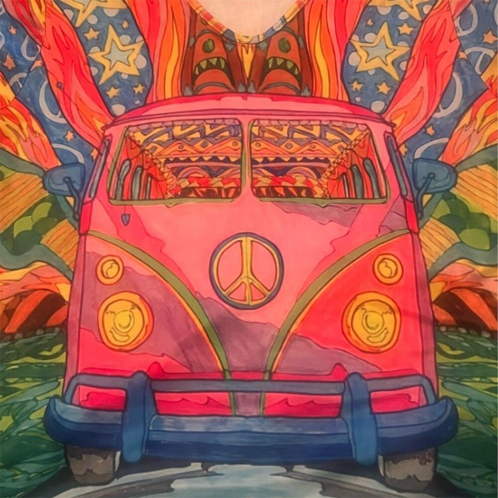 Happy Camper Hippie Bus Graphic T-Shirt Unisex 3XL Multicolor Festival Tee
